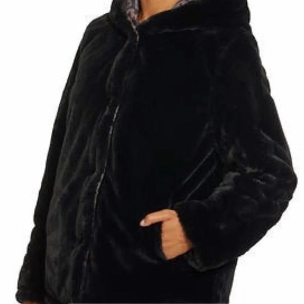 NEW ❄️ Pendleton Women Print Reversible Faux Fur Hooded Winter Coat Jacket Black - Picture 6 of 16